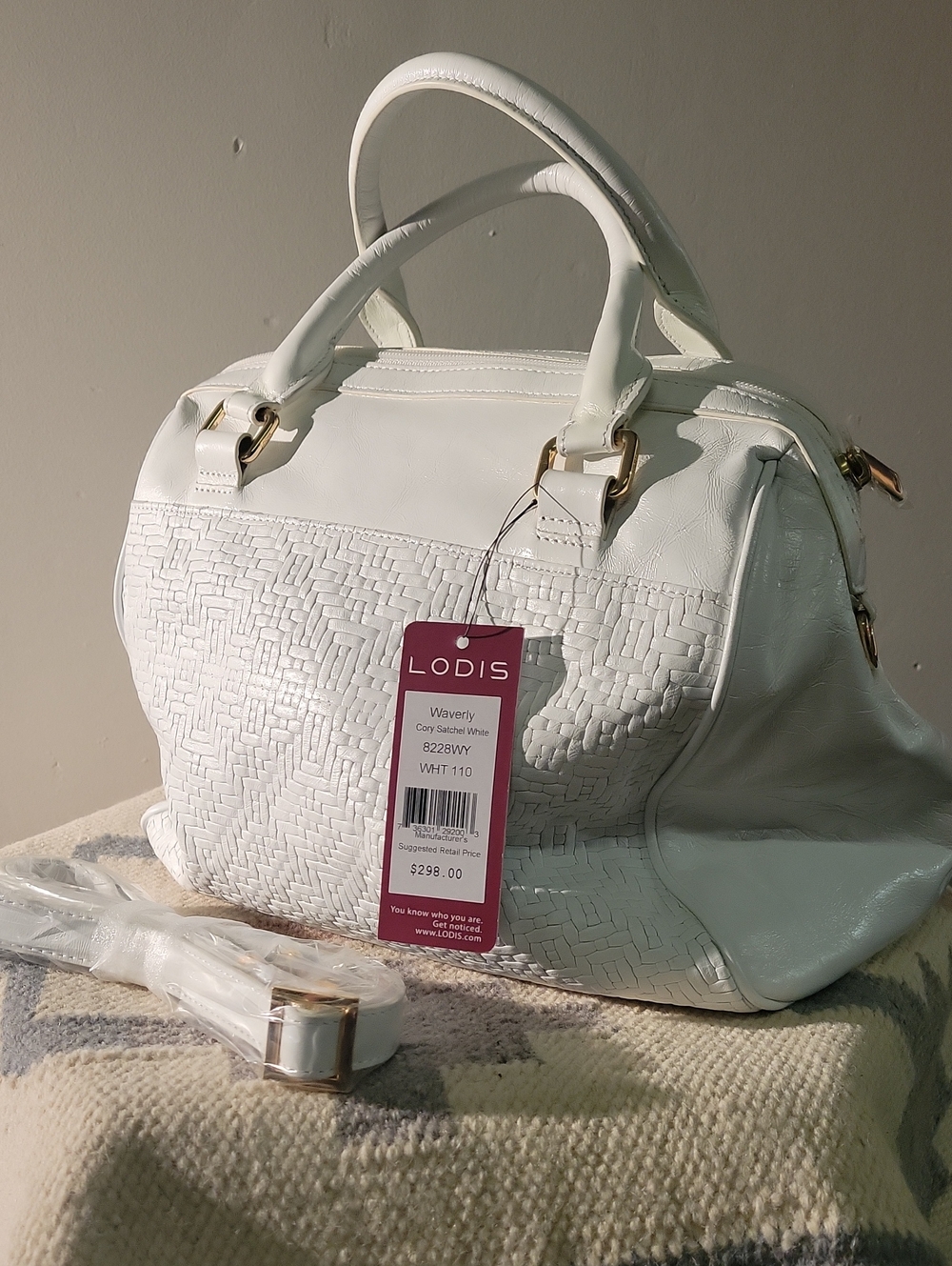 Lodis White Woven-Panel Satchel with Gold Hardware